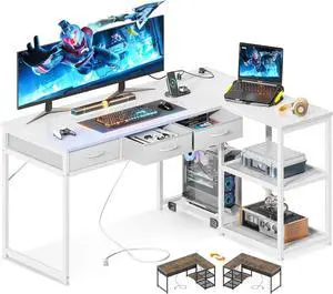 53" L Shaped Desk with Drawers, Computer Desk with Storage Shelves and USB Ports, Corner Desk for Home Office Sturdy Writing Workstation, Gaming Desk, Easy to Assemble, White