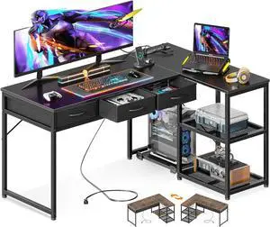 53" L Shaped Desk with Drawers, Computer Desk with Storage Shelves and USB Ports, Corner Desk for Home Office Sturdy Writing Workstation, Gaming Desk, Easy to Assemble, Black