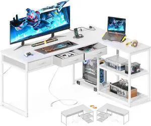 61" L Shaped Desk with Drawers, 61 Inch Computer Desk with Storage Shelves and USB Ports, Corner Desk for Home Office Sturdy Writing Workstation, Gaming Desk, Easy to Assemble, White