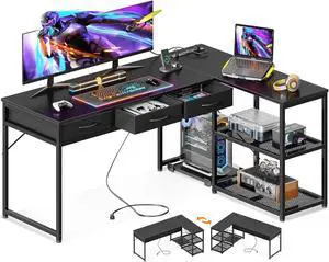 61" L Shaped Desk with Drawers, 61 Inch Computer Desk with Storage Shelves and USB Ports, Corner Desk for Home Office Sturdy Writing Workstation, Gaming Desk, Easy to Assemble, Black