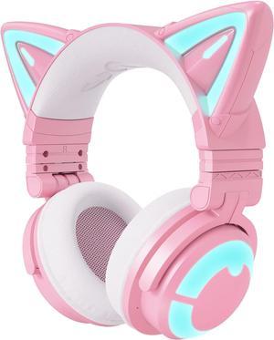 YOWU RGB Cat Ear Headphone 3G Wireless 5.0 Foldable Gaming Pink Headset with 7.1 Surround Sound, Built-in Mic & Customizable Lighting and Effect via APP, Type-C Charging Audio Cable -Pink