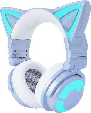 YOWU RGB Cat Ear Headphone 3G Wireless 5.0 Foldable Gaming Pink Headset with 7.1 Surround Sound, Built-in Mic & Customizable Lighting and Effect via APP, Type-C Charging Audio Cable -Blue