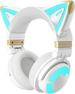 YOWU RGB Cat Ear Headphone 3G Wireless 5.0 Foldable Gaming Headset with 7.1 Surround Sound, Built-in Mic & Customizable Lighting and Effect via APP, Type-C Charging Audio Cable - White
