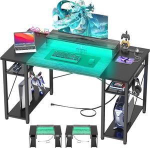 48'' Gaming Desk with LED Light, Large Computer Desk with Charging Station, Home Office Desk with Monitor Stand, Power Outlet and USB, LED Light and Storage, Gamer Desk PC Table, Grey