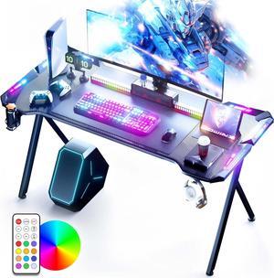 48" Gaming Desk with LED Lights, RGB Gaming Computer Table with Carbon Fibre Surface, LED Home Office Desk with Remote Control, Pc Workstation with Cup Holder and Headphone Hook, 48 Inch, Black