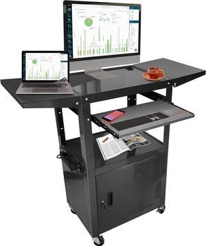 AV cart with locking cabinet and keyboard tray Height Adjustable Utility Cart with Extra Storage,Computer Cart with Wheels and Power Strip for Presentations Office Holds 300 lbs(Black/43x18x43)