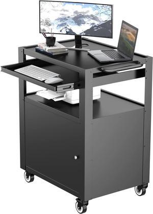 AV Cart with Keyboard Tary and Locking Cabinet Laptop Cart on Wheels Utility Cart and Pullout Tray - Max Capacity 350 lbs(24.8''L x 18.1''W x 39.8''H)