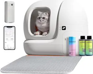Self Cleaning Cat Litter Box, PuraMax Cat Litter Box for Multiple Cats, App Control/xSecure/Odor Removal Automatic Cat Litter Box Includes Trash Bags and K3 Smart Air Purifier Spray