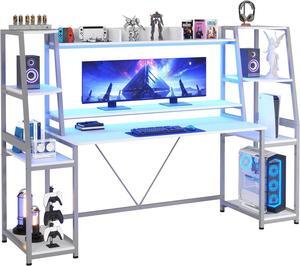 78.8'' Gaming Desk with LED Lights, Hutch and Storage Shelves, Computer Desk with Monitor Stand, Large PC Gamer Desk Workstation, Ergonomic Gaming Table for Bedroom, Living Room - White