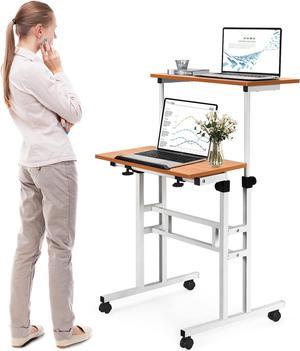 Mobile Standing Desk, Height Adjustable Rolling Laptop Cart w/Tilting Desktop for Standing or Sitting, Lockable Casters, Home Office Computer Workstation for Small Spaces (Walnut)