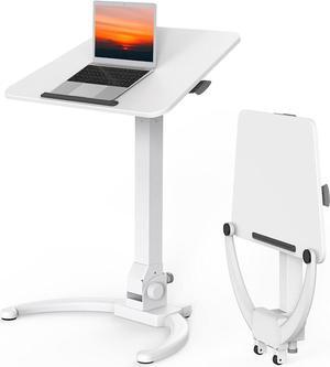 Foldable Mobile Standing Desk, Height Adjustable Sit Stand Desk, 90° Tiltable Rolling Laptop Desk, Portable Desk with Wheels Non-Slip Mat for Home Office, Holds Up to 22lbs, White