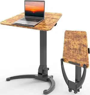 Foldable Mobile Standing Desk, Height Adjustable Sit Stand Desk, 90° Tiltable Rolling Laptop Desk, Portable Desk with Wheels Non-Slip Mat for Home Office, Holds Up to 22lbs, Brown