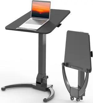 Foldable Mobile Standing Desk, Height Adjustable Sit Stand Desk, 90° Tiltable Rolling Laptop Desk, Portable Desk with Wheels Non-Slip Mat for Home Office, Holds Up to 22lbs, White Black
