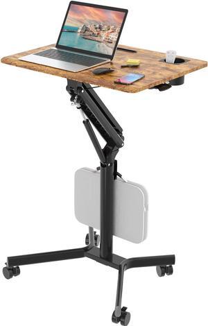 Mobile Standing Desk, 28 inch Small Height Adjustable Rolling Laptop Desk, Portable Sit Stand Desk with Lockable Wheels, Ergonomic Desktop Table for Home Office, Rustic Brown