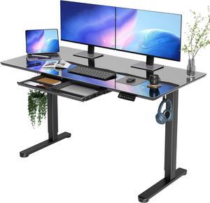 Glass Standing Desk with Drawers, 55×24 Inch Adjustable Stand Up Desk, Quick Install Home Office Computer Desk, Black