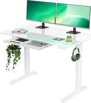 Glass Standing Desk with Drawers, 48×24 Inch Adjustable Stand Up Desk, Quick Install Home Office Computer Desk, White
