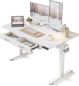 Adjustable Height Electric Standing Desk with Double Drawer, 48 x 24 Inches Stand Up Home Office Desk with Splice Tabletop, White Frame/White Top