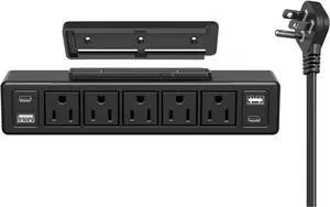 20W USB C Under Desk Power Strip Mountable,Total 40W Fast Charging Ultra Flat Plug Power Strip Surge Protector 1200J,9 in 1 Desk Outlet,5 Outlets,2 USB-C,2 USB-A,6.56FT Flat Extension Cord Black