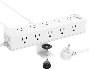 Standing Desk Clamp Power Strip with 15 Outlets, Widely Spaced Desktop Edge Mount Surge Protector Outlet, Fast Charging USB-A and USB-C Ports, 6 FT Flat Plug, Black Fit 1.6 inch Table top 6 ft. White