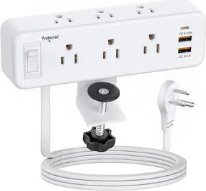 Desk Clamp Power Strip with PD 20W USB C, Desktop Edge Mount Surge Protector with 6 Outlet, Table Edge Socket with Switch, 6 ft Flat Plug Slim Extension Cord, Fit 1.8 inch Tabletop Edge Thick White