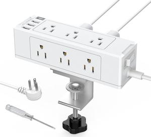 Desk Clamp Power Strip with USB C, Desk Surge Protector Power Strip with 9 AC Plugs 4 USB Ports, Desktop Edge Mount Outlets Charging Station, 6 FT Flat Plug, Removable Clamp Power Strip White