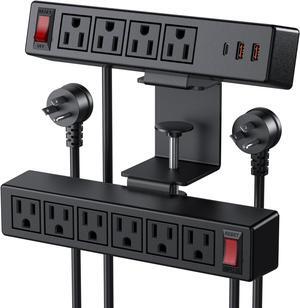 2 in 1 Dual Layer Desk Clamp Power Strip,Desktop Edge Power Strip,Removable Clamp Power Outlet Socket 6AC Outlets with Switch & 4 AC Outlets 2 USB-A Ports,1 USB-C Port,6.5 ft Extension Cord