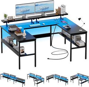 Customizable U Shaped Desk & L Shaped Office Desk with RGB LED Light, Adjustable Monitor Stand and Power Outlets, Reversible Computer Desk with Storage, Large L Shape Gaming Table, Black