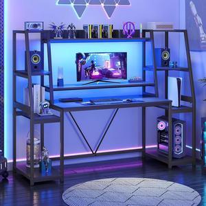65.7'' Gaming Desk with LED Lights, Hutch and Storage Shelves, Computer Desk with Monitor Stand, Large PC Gamer Desk Workstation, Ergonomic Gaming Table for Bedroom, Living Room, Black