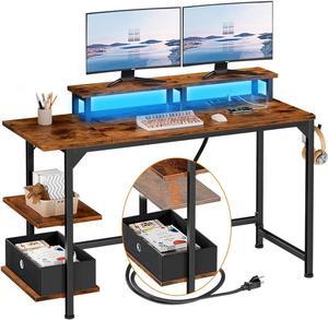 47" Computer Desk with Charging Station and LED Lights, 47 inch Office Gaming Desk with Adjustable Shelves and Fabric Drawer, Study Table with Monitor Stand and Hooks, Rustic Brown