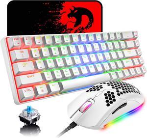 60% Mechanical Gaming Keyboard Blue Switch Mini 68 Keys Wired Type C 18 Backlit Effects,Lightweight RGB 6400DPI Honeycomb Optical Mouse,Gaming Mouse pad for Gamers and Typists (White)