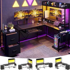 55" L Shaped Gaming Desk with Shelves, 55 inch Reversible Home Office Desks with Power Outlet RGB Led Strip Movable File Cabinet Keyboard Tray 2 Drawers - Black