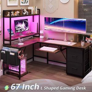 67" L Shaped Gaming Desk, Reversible Corner Computer Desk with Power Outlet & Led Strip Home Office Desks Drawer File Cabinet Keyboard Tray - Rustic Brown
