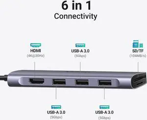 UGREEN USB C Hub 6 in 1 USB C Dongle 4K HDMI, 3 USB 3.0 Ports, SD/TF Card Reader Compatible with MacBook Pro, MacBook Air, iPad, iPhone 15 Pro/Pro Max. Grey