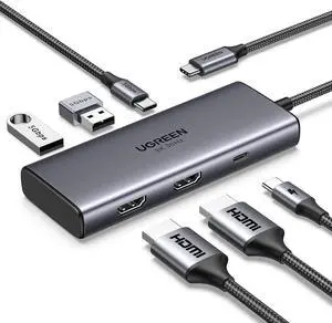 UGREEN Dual Monitor USB C Hub 6 in 1 Dock Dual HDMI 4K@60Hz Single 8K@30Hz 100W PD 5Gbps USB C and USB A Data Ports USB C Docking Station for Dell XPS, ThinkPad and More