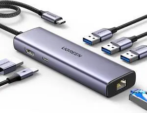 UGREEN USB C Hub 6-in-1 Gigabit USB C to Ethernet Adapter with 4K HDMI, 100W Power Delivery, 3 USB 3.0, Compatible with MacBook, iPad Pro, iPhone 15 Pro/Pro Max, Dell, HP, Chromebook.