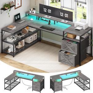 67" L Shaped Desk with Drawers, Computer Office Desk with Storage Shelves & Power Outlet, Reversible Gaming Desk with LED Lights for Home Office, Grey