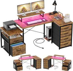 70.8" Reversible L Shaped Computer Desk with Fabric File Drawers, Corner Desk with RGB LED Lights & Power Outlets & Monitor Stand, Large Gaming Desk for Home Office Workstation, Rustic Brown
