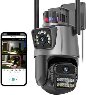 4K Security Cameras Outdoor, Dual Lens PTZ Wired Outdoor Cameras for Home Security Outside with 3M Cord, Human Tracking, Motion Detection, Full Color Night, 2-Ways Audio, 24/7 Recording, SD/Cloud