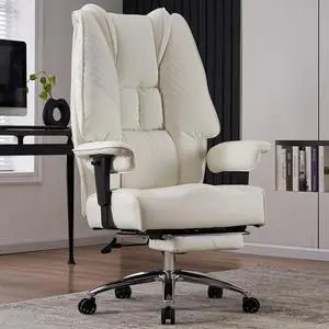 Big and Tall Office Chair 400lbs Wide Seat, Leather High Back Executive Office Chair with Foot Rest, Ergonomic Office Chair Lumbar Support for Lower Back Pain Relief (White)