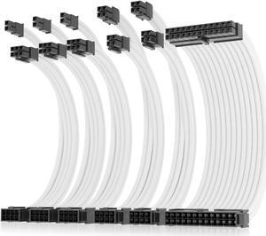 16AWG Pro Power Supply Sleeved Cable for Power Supply Extension Cable Wire Kit 1x24-PIN/ 2x8-PORT (4+4) M/B,3x8-PORT (6+2) PCI-E 30cm Length with Combs(White)