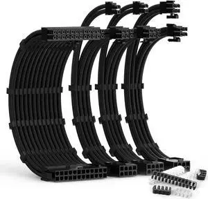 PSU Cable Extension Kit 30CM Length with Cable Combs 1x24Pin/1x8Pin(4+4) EPS/2x8Pin(6P+2P) PCI-E/PC Sleeved Cable for ATX Power Supply(Black)