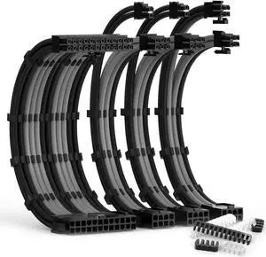 PSU Cable Extension Kit 30CM Length with Cable Combs 1x24Pin/1x8Pin(4+4) EPS/2x8Pin(6P+2P) PCI-E/PC Sleeved Cable for ATX Power Supply(Black & Grey)