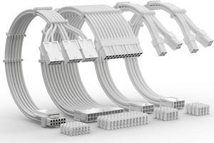 12VHPWR Cable Extension Kit, 16AWG Pcie 5.0 PSU Cable Extension Kit Soft Braided Power Supply Cable Extension, 24pin ATX /4+4pin EPS /12+4pin, 30CM Length with Cable Combs - White
