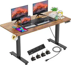 Electric Standing Desk Adjustable Height Desk 55in with Charging Station, Stand up Desk with Oversized Mouse Pad, 4 Caster, 4 Preset Heights Easy to Set, 27.2''-45.3'' Lifting Range - Brown