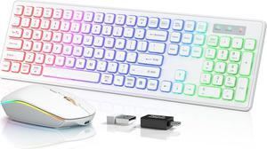 Wireless Keyboard and Mouse Combo - RGB Backlit, Rechargeable & Light Up Letters, Full-Size, Ergonomic Tilt Angle, Sleep Mode, 2.4GHz Quiet Keyboard Mouse for Mac, Windows, Laptop, PC - BLACK White
