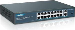 16 Port Gigabit PoE Switch with 2 Gigabit Uplink, 16 PoE+ Port 1000Mbps, 250W 802.3af/at, Metal Desktop/Rackmount, Unmanaged Plug and Play Network Switch