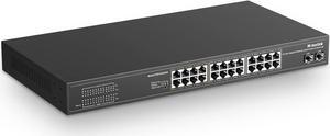 26 Port Gigabit PoE Switch, 24 Gigabit PoE+ Ports, 2 Gigabit SFP Uplink, 300W IEEE802.3af/at, Fanless Rackmount Unmanaged Plug and Play Ethernet Switch