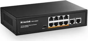 10 Port Gigabit PoE Switch, 8 GE PoE+, 2 GE Uplink, 10/100/1000Mbps, 120W 802.3af/at PoE, Fanless Plug & Play Ethernet Switch