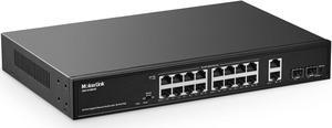 20 Port Gigabit PoE Switch, 16 Gigabit PoE+ Ports, 2 Gigabit Uplink, 2 Gigabit SFP, 200W IEEE802.3af/at, Metal Rackmount Unmanaged Plug and Play Ethernet Switch