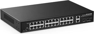 28 Port Gigabit PoE Switch, 24 Gigabit PoE+ Ports, 2 Gigabit Uplink, 2 Gigabit SFP, 300W IEEE802.3af/at, Metal Rackmount Unmanaged Plug and Play Ethernet Switch